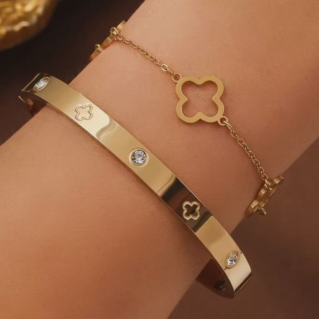 2pcs Elegant Gold Lucky Clover and Heart Bracelet