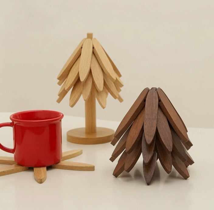 Rustic Wooden Christmas Tree Tabletop Decor - Set of 2 (Light & Dark Wood) Pine Tree Shelf Sitters